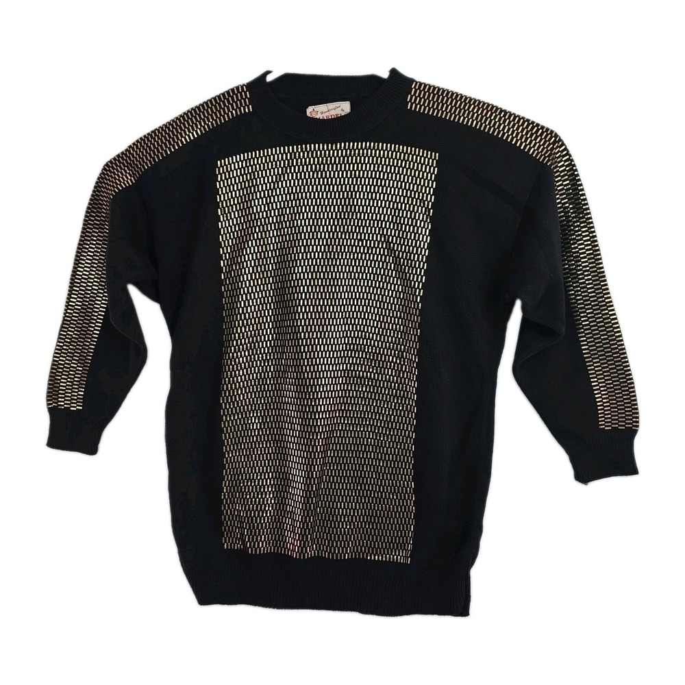 Vintage Mardel Sweater Women's XL Black w/ Gold Rectangles Crew Neck Long Slvs
